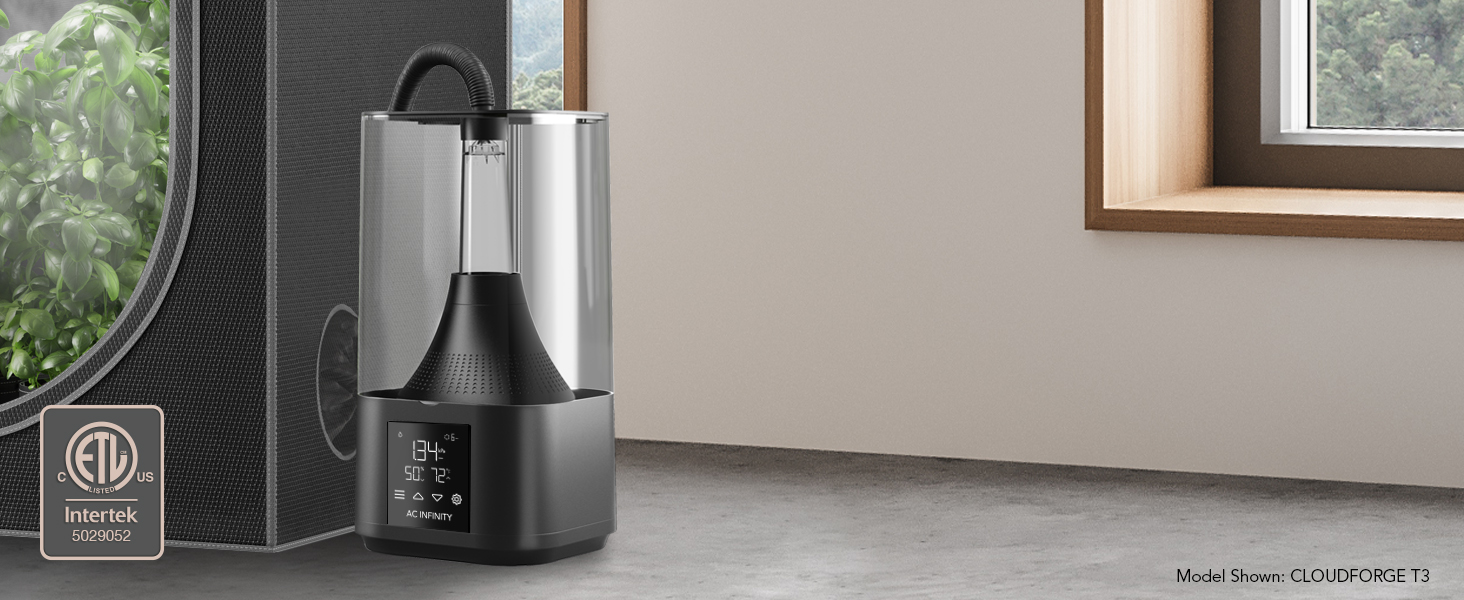 AC Infinity CLOUDFORGE T3 – Увлажнитель воздуха для растений 4.5 л с контролем VPD, 10-ступенчатый распылитель, удлиняемый шланг, защита от протечек, для гроубоксов