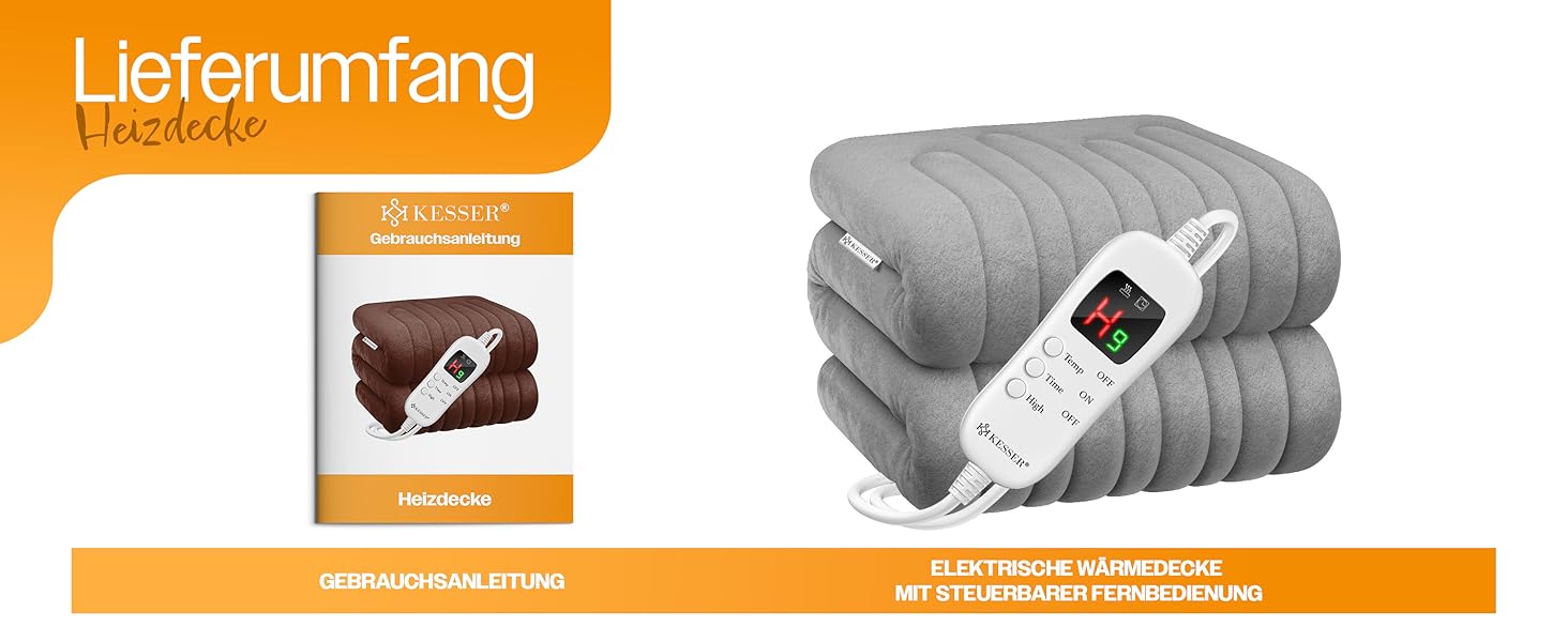 Електрична грілка KESSER® з плюшу 180x130 см сірого кольору | з таймером та автовимкненням | тепла та затишна ковдра | 9 температурних режимів | прання до 40°C | цифровий дисплей