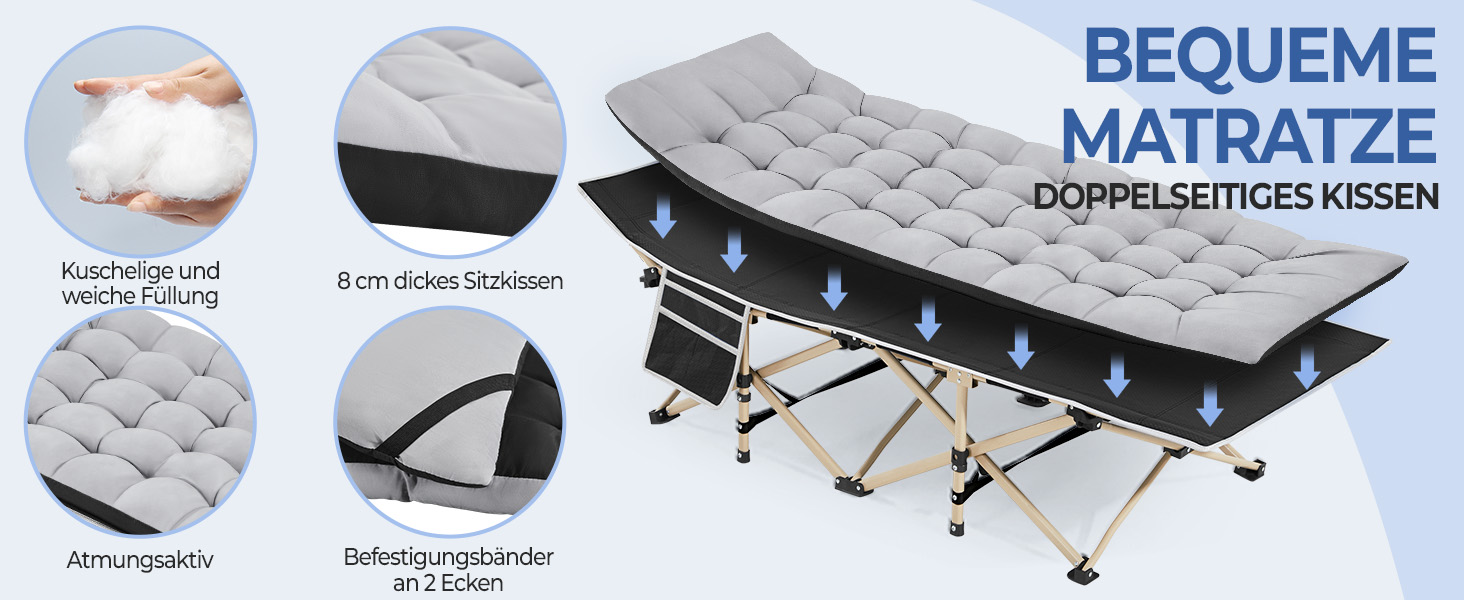 Ліжко складане Yaheetech з матрацом для кемпінгу, сіре (191x67 см, до 150 кг) + Чохол та кишені