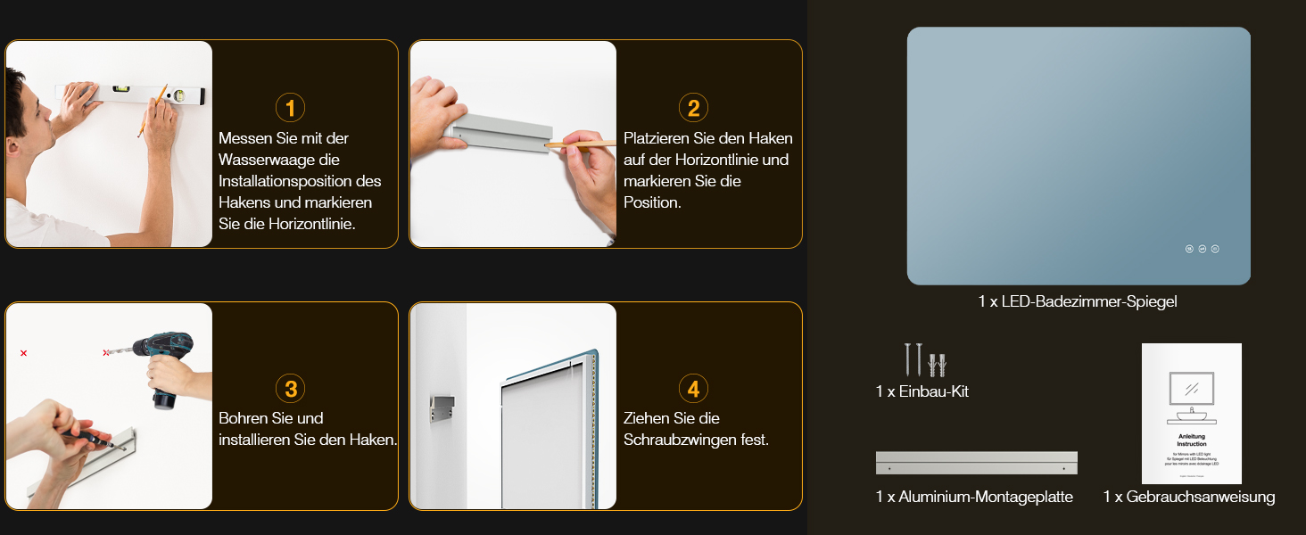 Дзеркало для ванної кімнати з підсвічуванням LED, 100x60 см, 3 кольори світла, регулювання яскравості, пам'ять, сенсорне управління, IP44, захист від вологи