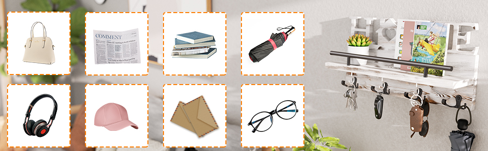 Дерев'яний органайзер для ключів з полицею на стіну - 7 гачків, Rustic дизайн (білий)