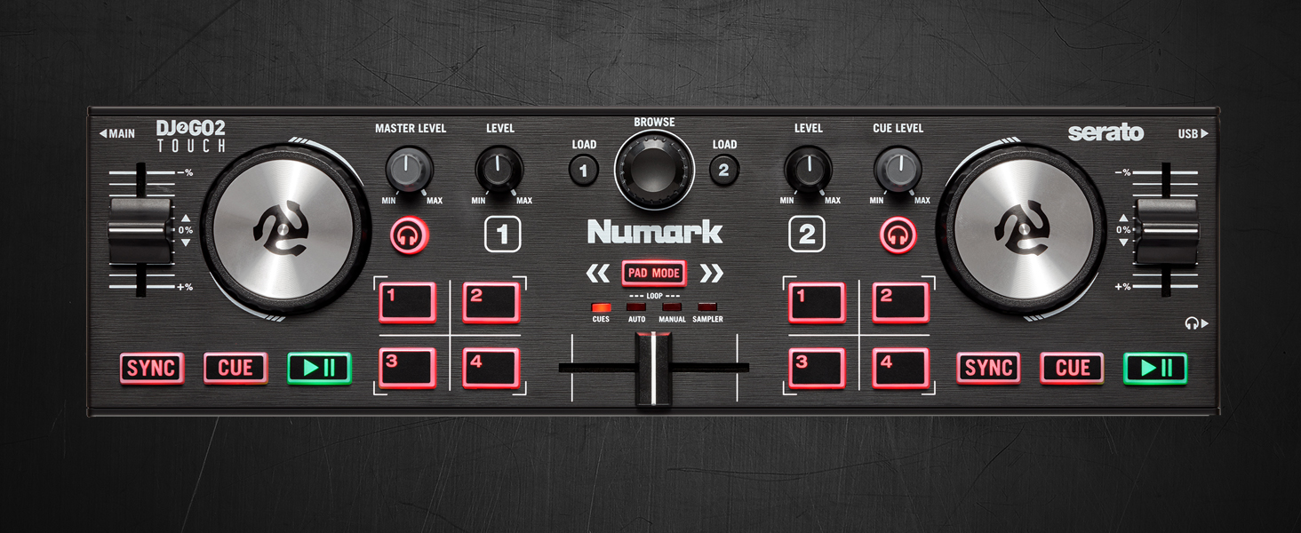 DJ контролер Numark DJ2GO2 Touch: 2-канальний, компактний, з мікшером та аудіоінтерфейсом, Serato Lite