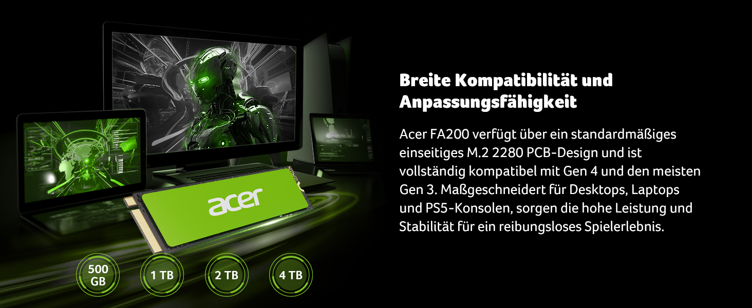 SSD Acer FA200 1TB PCIe 4.0 NVMe - Швидкий накопичувач для ПК, ноутбука, PS5 (Gen4)