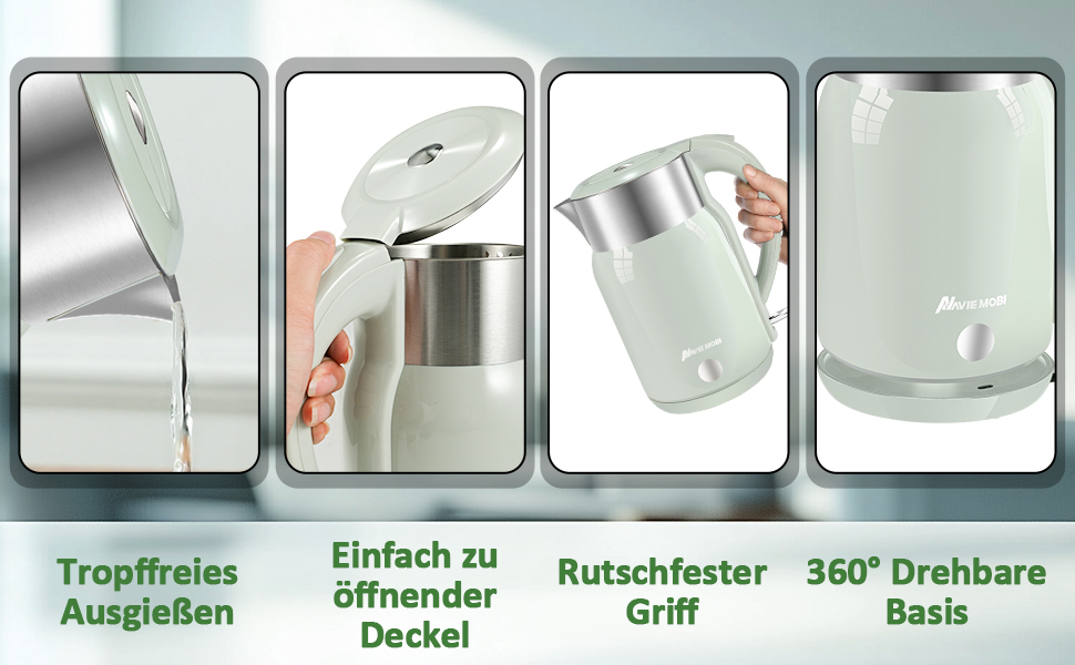 Navie Mobi Stainless Steel Electric Kettle - 1.8L, 2200W Fast Boiling, BPA-Free, Double-Walled, Drip-Free, Auto Shut-Off, Quiet & Cordless, SGS Certified, Turquoise Green