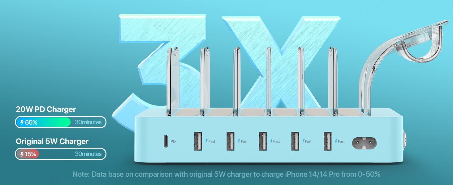 Зарядна станція SooPii USB 60W/12A, 6 портів, органайзер для декількох пристроїв з тримачем для Apple Watch, 6 кабелів (синій)
