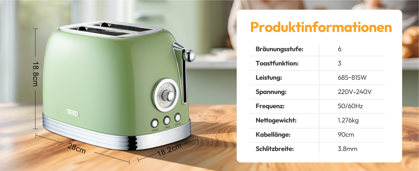 Електричний чайник та тостер-сет Retro з нержавіючої сталі, 2200 Вт, 1.8 л, для чаю, кави, дитячого харчування, без BPA, зелений