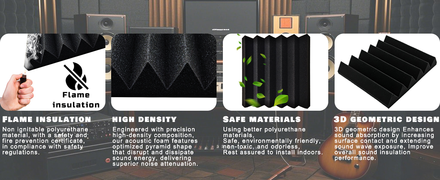Акустичні панелі зі звукопоглинаючого поролону самоклеючі, 48 шт, пірамідні панелі для шумоізоляції студії та офісу, чорні, 30x30x2.5 см