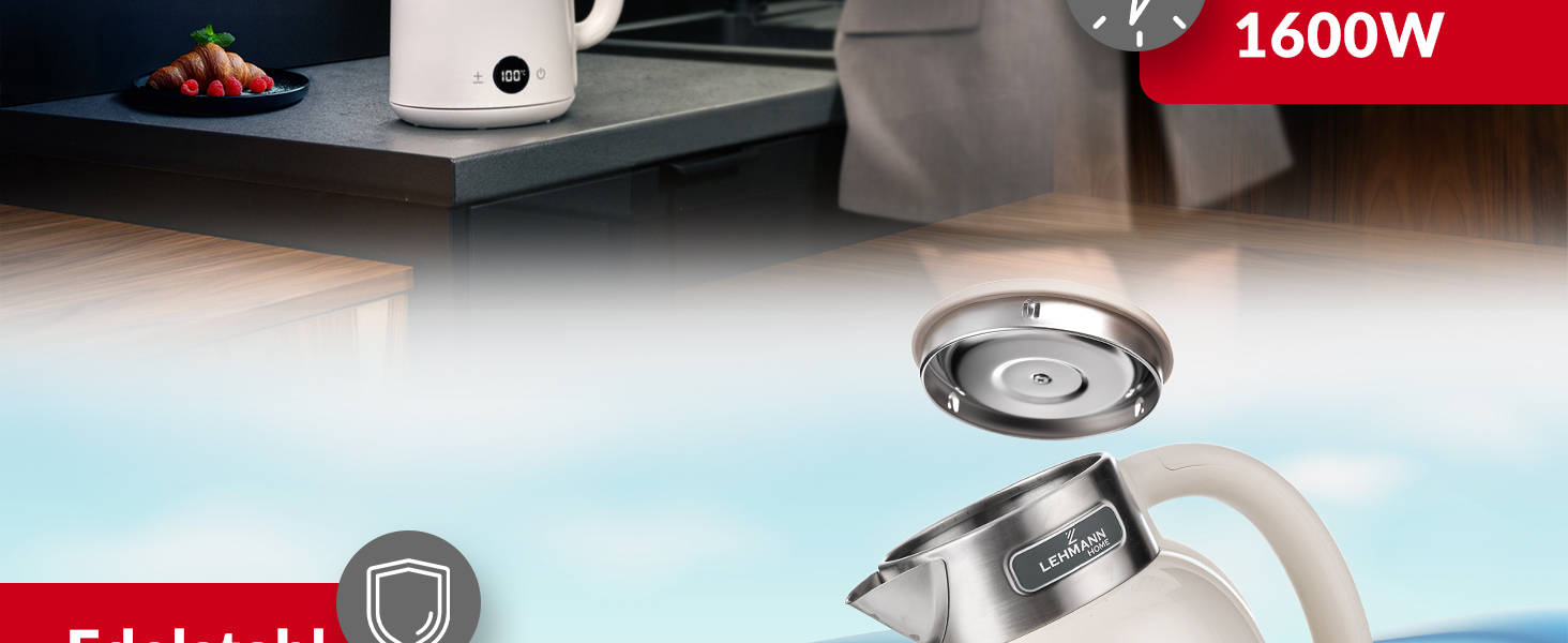 Електричний чайник LEHMANN з регулюванням температури 40-100°C, 1,5L, функцією підігріву, швидким нагріванням, LED-дисплеєм, нержавіючою сталлю, автовимкненням та захистом від перегріву, BPA-free, кремовий