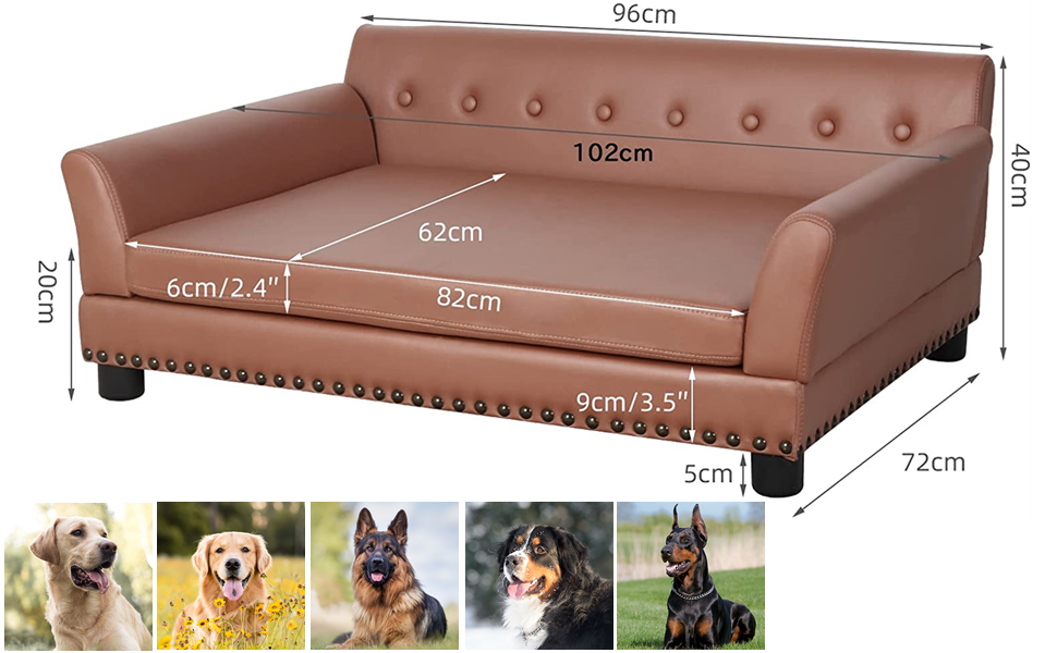 Софа для собак BingoPaw Luxus: велика ортопедична лежанка для собак XL з дихаючого водонепроникного шкірозамінника, сучасна лежанка для тварин з підголівником та дерев'яними ніжками, 120x74x40 см (колір: коричневий)