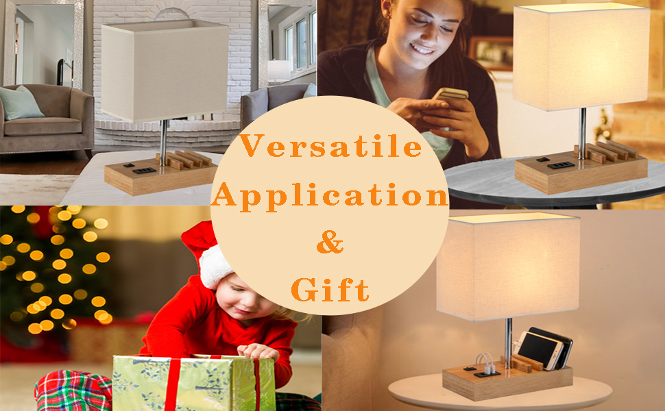 Настільна лампа Dreamholder з 3 USB-портами (A+C), підставкою для телефону, для спальні, вітальні, офісу, з натуральним дерев'яним цоколем та тканинним абажуром