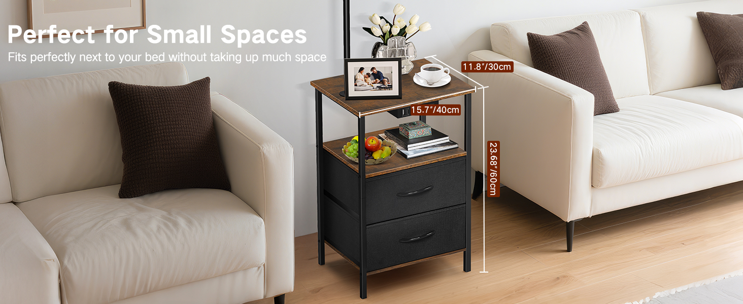 Стельова лампа для вітальні з тумбою та полицею, регульована LED, з пультом, 3 колірні температури, приліжкова тумба з зарядкою та полицею, дерев'яний столик для спальні/офісу (чорний з шухлядами)