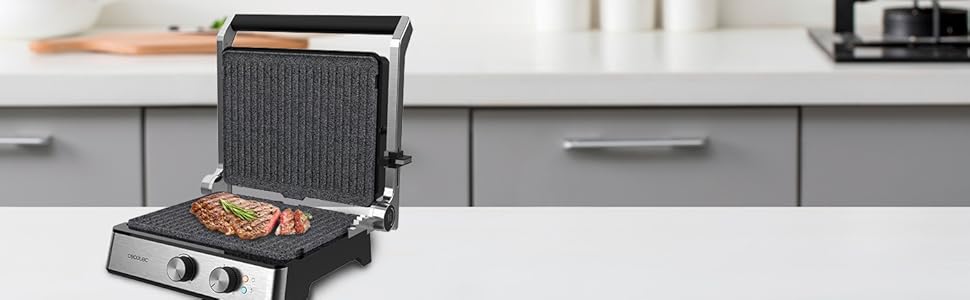 Cecotec Rock'nGrill 2400 UltraRapid Electric Grill - 2400W, RockStone Coating, Adjustable Temperature, Floating Upper Plate, Eco-Friendly