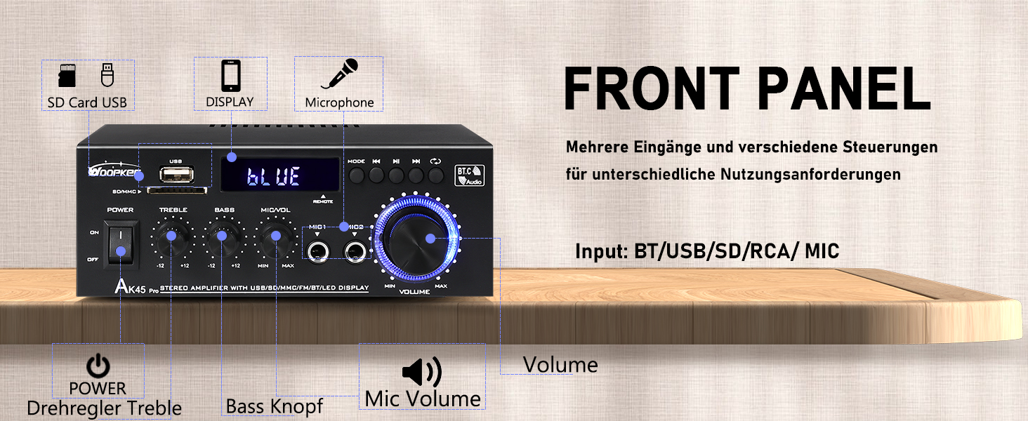 AK45 Pro HiFi підсилювач WOOPKER Mini, 500Вт, 2-канальний, Bluetooth, HiFi стерео з FM-радіо, USB, SD, RCA, MIC, аудіо ресивер для дому та авто