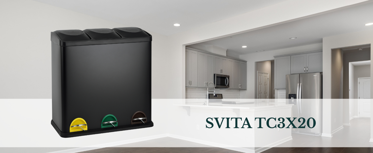 Відро для сміття SVITA TC3X20 з педаллю, 3x20л, роздільне, 3 відділення, 60 літрів, чорне, для кухні