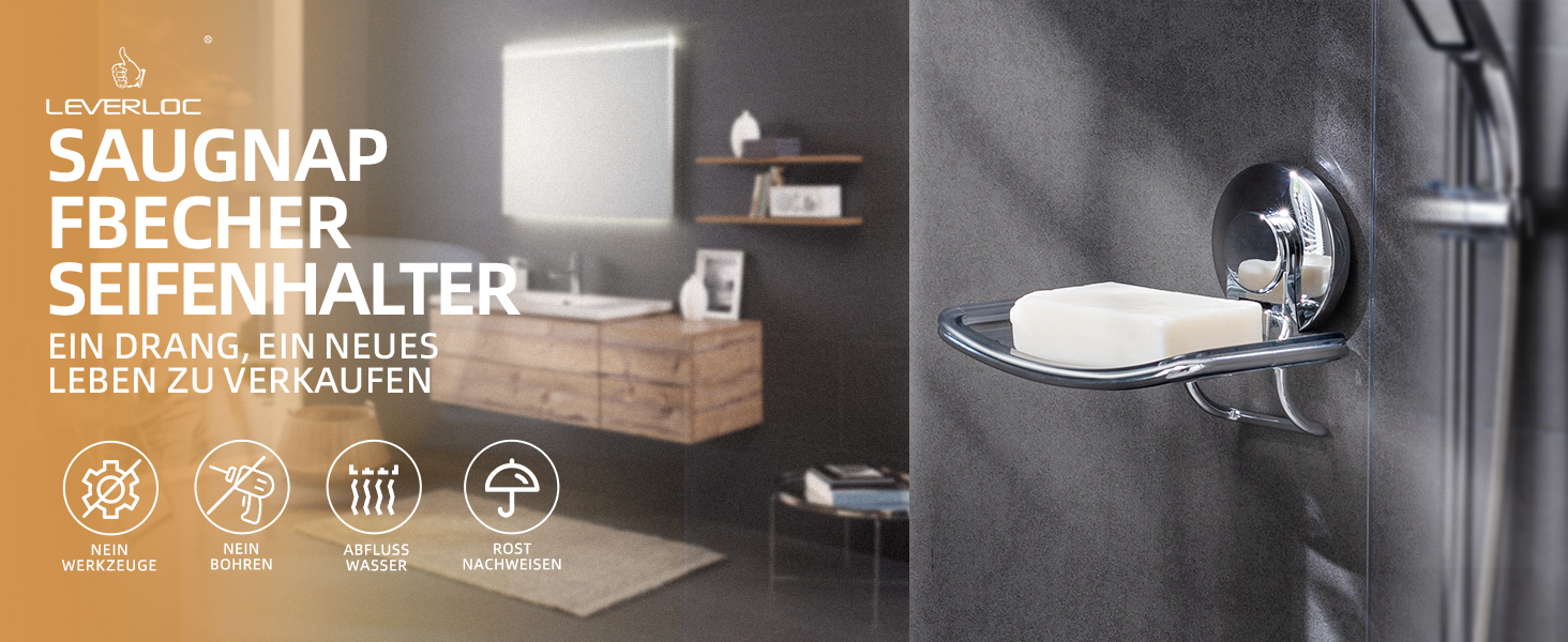 Тримач для мила LEVERLOC з піддоном, місткість до 3 кг, настінний, без свердління, з присосками, для ванної кімнати та кухні, білий (1 ступінь хромована сталь)