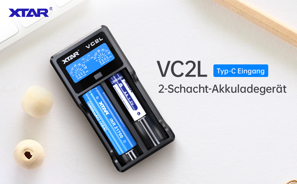 Зарядний пристрій XTAR VC2L для акумуляторів 18650/21700 з LCD дисплеєм та USB Type-C, 2 слоти, для Li-ion 3.6V/3.7V та Ni-MH/Ni-Cd AA/AAA