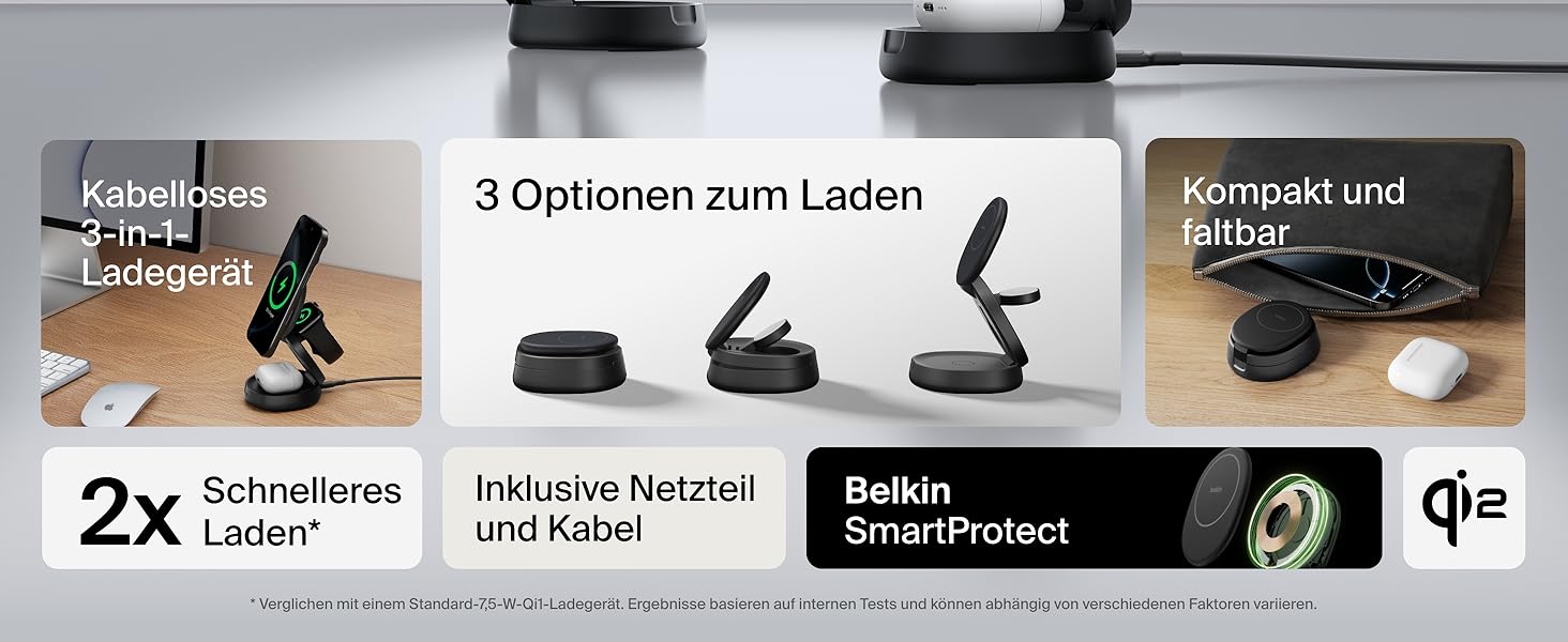 Белкін BoostCharge 3-в-1: Індукційна зарядна станція з Qi2, 15W, MagSafe, для iPhone, Apple Watch, AirPods, з блоком живлення 30W – Чорний