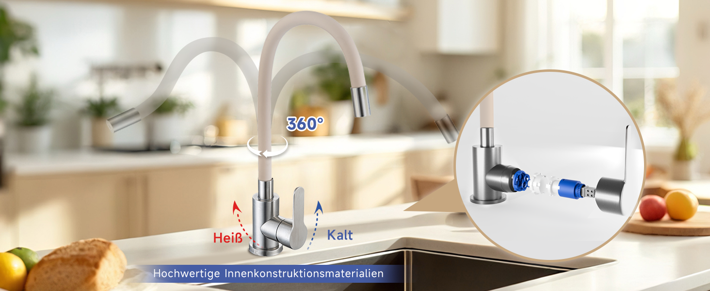 Кран кухонний з гнучким шлангом 360°, високий тиск, поворотний, нержавіюча сталь, бежевий