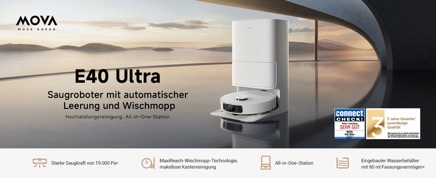 Робот-пилосос Mova E40 Ultra з функцією миття, автоматичним очищенням та потужністю 19000 Па, MaxiReach-моп, бічні щітки, вбудований резервуар 80 мл, станція самоочищення на 75 днів