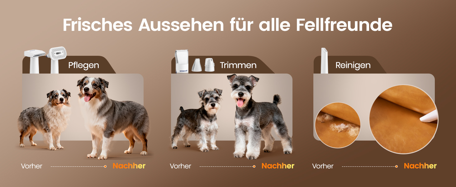 Машинка для стрижки собак Oneisall з пилососом, потужність 12000 Па, видаляє 99.99% шерсті, тиха, для собак та котів, 7 насадок