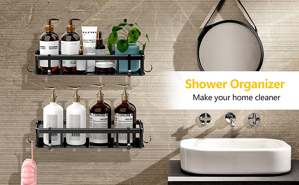 Полка для душу без свердління, 2 шт. Алюмінієва полиця для душу, нержавіюча сталь, кошик для душу з 6 клейкими поверхнями та 4 гачками, чорний колір. Підходить для ванної кімнати, кухні.