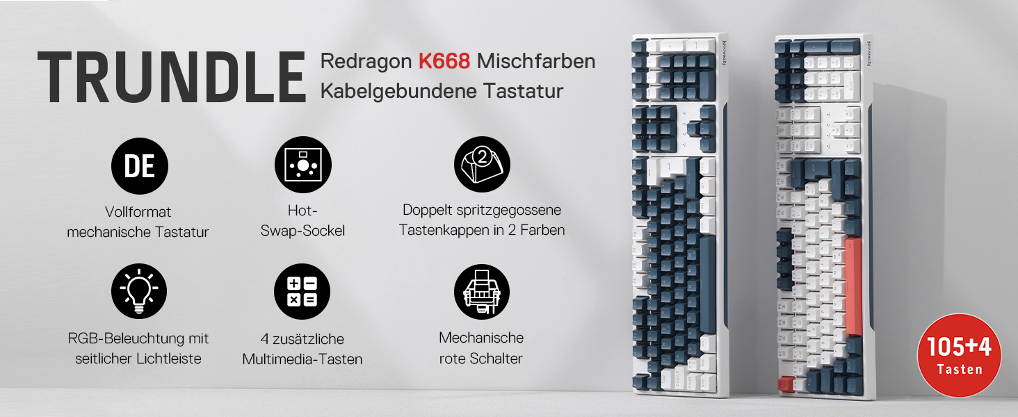 Redragon K668 QWERTZ Клавіатура для ігор з провідним підключенням, 105+4 клавіші, Hot-Swap сокет, тихі червоні перемикачі, двоколірні кейкапи, RGB-підсвітка, мультимедійні комбінації, QWERTZ