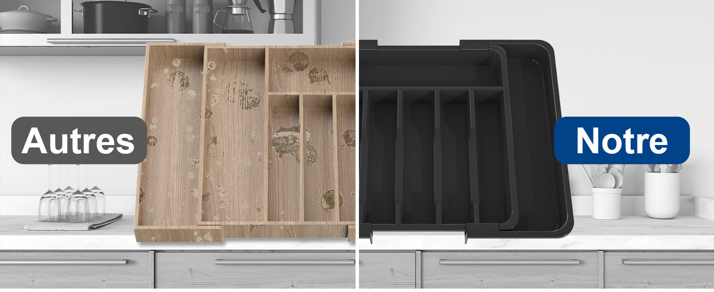 Органайзер для столових приборів в шухляду 40 см, чорний, пластиковий, з регульованими перегородками (6-8 відділень)