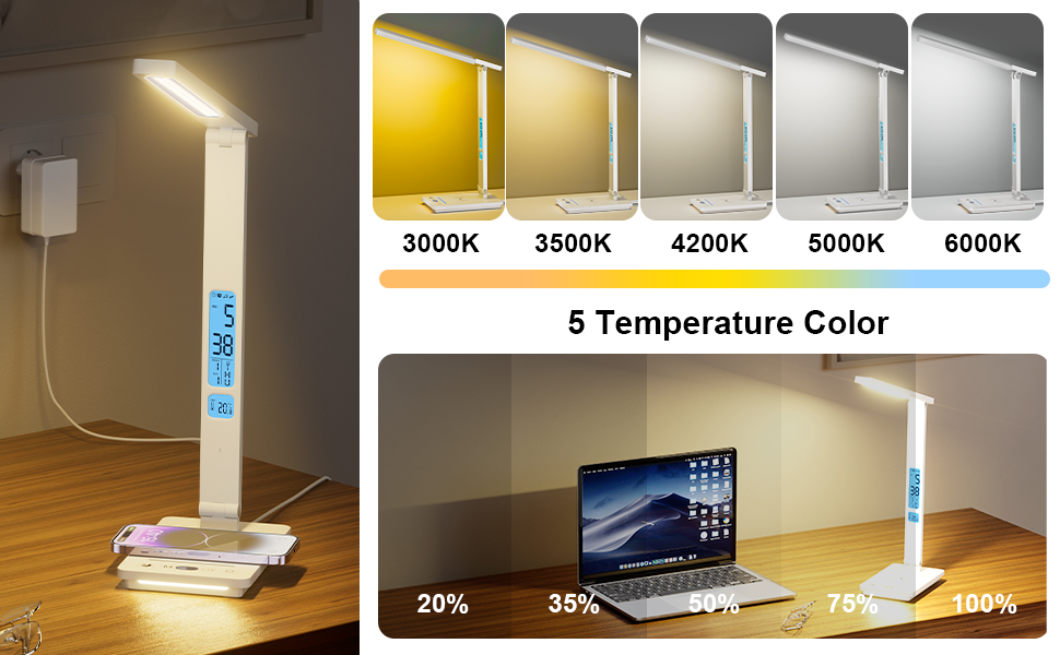 LED лампа настільна YAMYONE з бездротовим зарядним пристроєм та USB-портом, 5 кольорів, регулювання яскравості, нічник, годинник, термометр, для офісу та навчання, білий колір