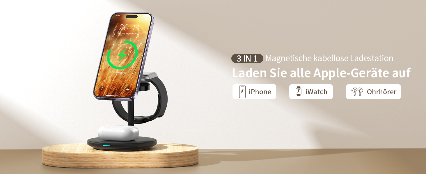 3-в-1 індукційна зарядка для декількох пристроїв, 15W MagSafe зарядка для iPhone 15/14, MagSafe зарядний пристрій для iWatch Ultra 2/1/Series 9/8, AirPods, білий/чорний