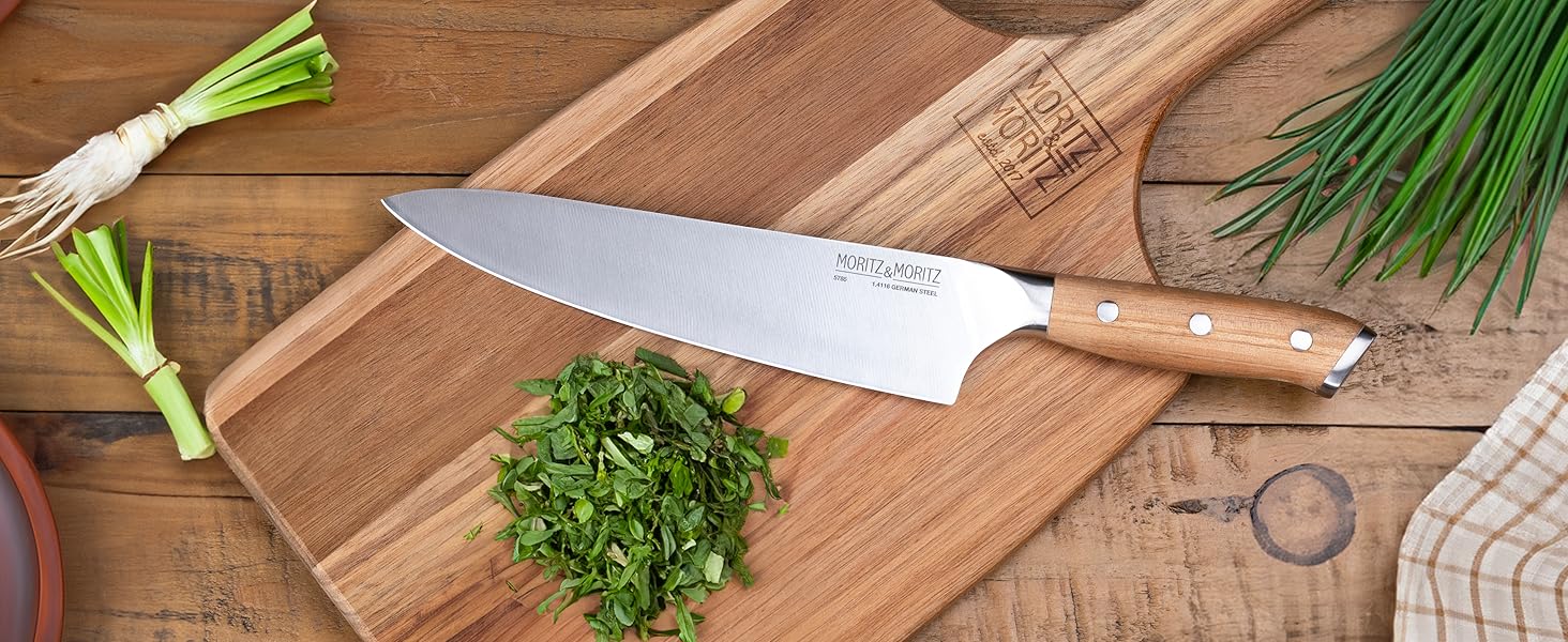 Ніж кухарський Moritz & Moritz 20 см - професійний, з нержавіючої сталі, з ергономічною ручкою з акації