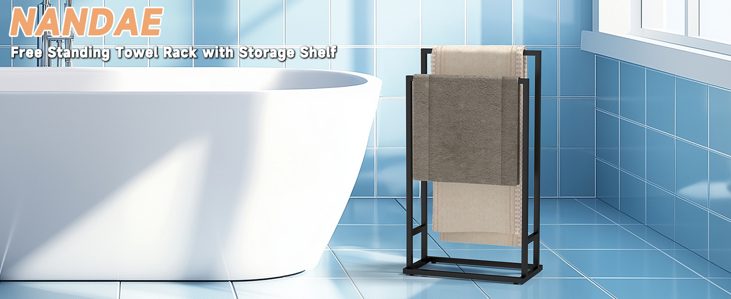 Підставка для рушників на підлозі, металева, з 2 перекладинами, чорна, для ванної кімнати, стабільна, економна