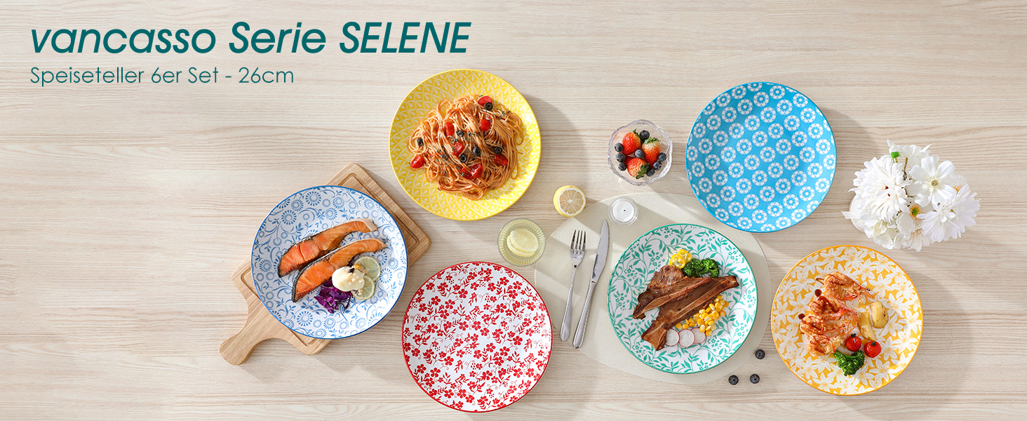 Набір посуду Vancasso Selene на 6 осіб (24 елементи) з пастелевого порцеляну, 6 тарілок, 6 десертних тарілок, 6 супових тарілок, 6 мисок, сумісний з мікрохвильовою піччю, діаметр тарілок 26 см