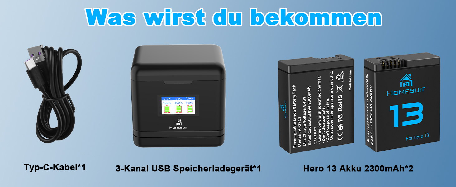 Набір акумуляторів та зарядного пристрою Homesuit Hero 13 для GoPro Hero 13 Black: 2 акумулятори 2300mAh + USB LED зарядний пристрій з підтримкою PD3.0 (Type-C)