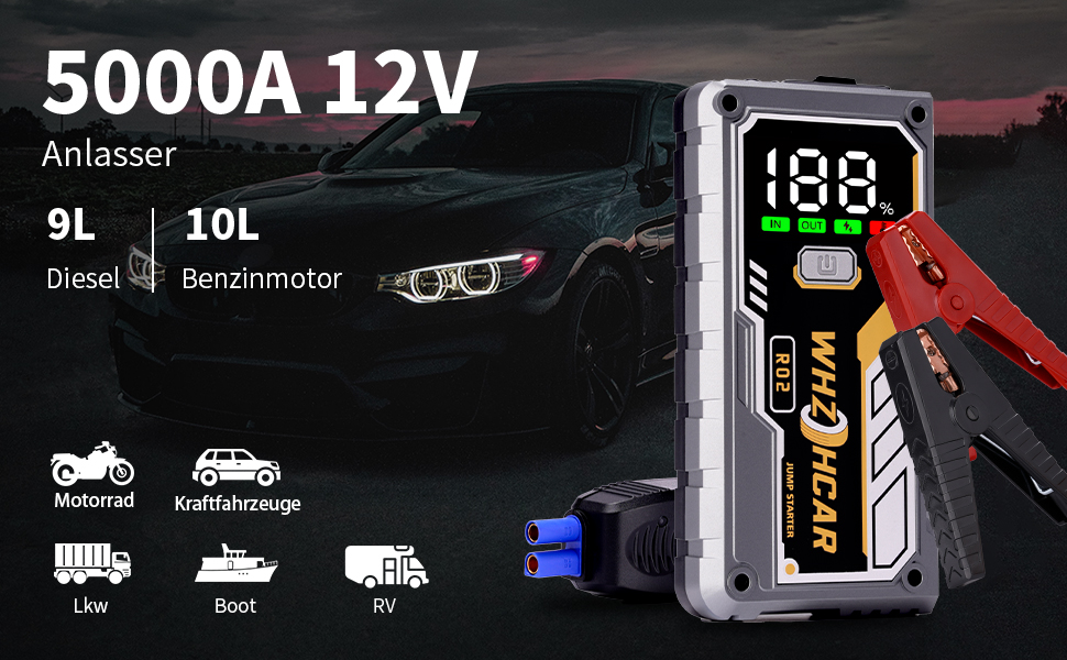 Powerbank Starthilfe 5000A з LCD екраном для автомобіля 12V. Зарядний пристрій для акумулятора авто з LED ліхтариком, підходить для 10л бензину або 9л дизеля. Срібний колір.