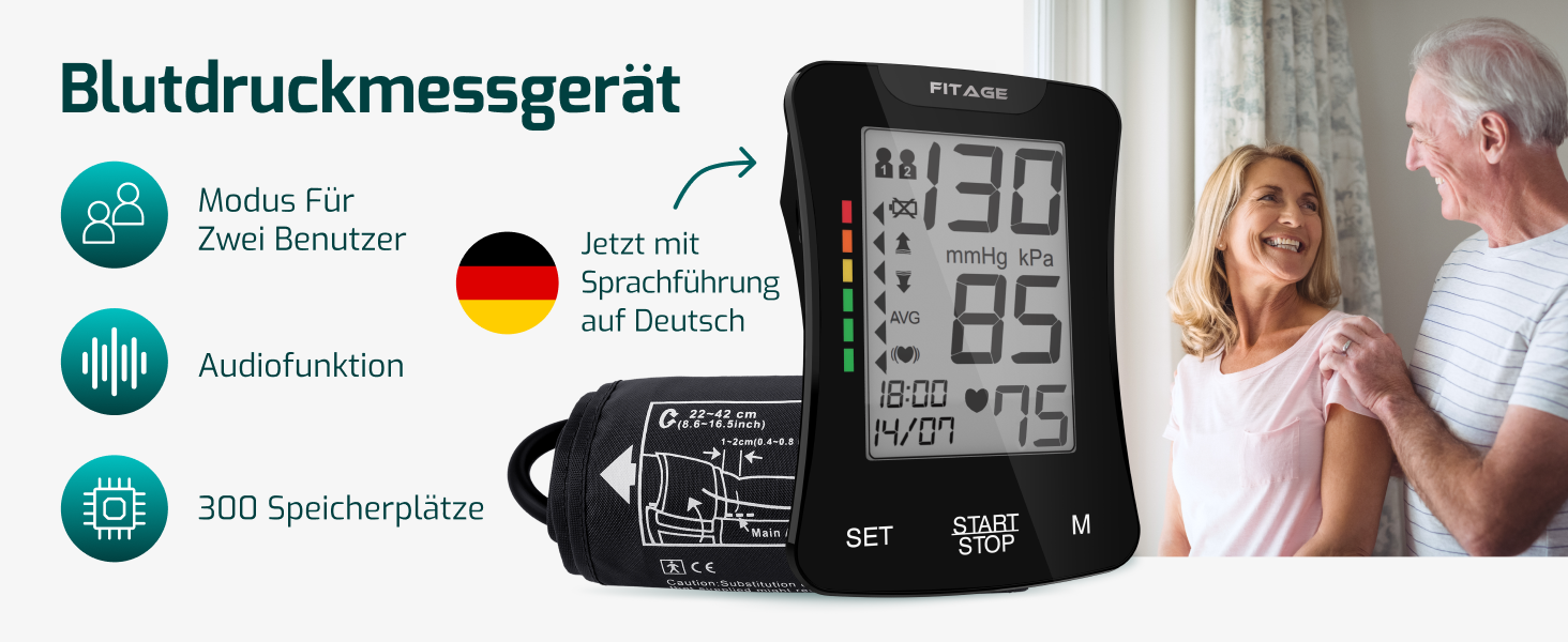 Цифровий тонометр на плече Oberarm з функцією пам'яті, виявлення аритмії та вимірювання пульсу. Підходить для об'ємів плеча 22-42 см. Чорний колір