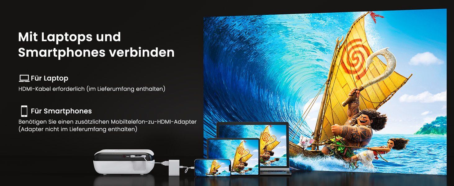 Портативний проєктор HAPPRUN Mini Beamer 4K з Bluetooth, 1080P, для дому та відпочинку на природі, сумісний з PS5, HDMI, USB