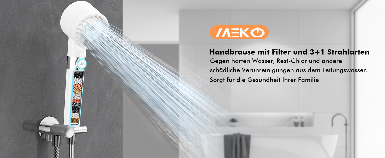 Showerhead with Filter MEKO High-Pressure Hand Shower with 15-Layer Filtration, 1.5M Hose, 3 Spray Patterns, Water-Saving Showerhead for Removing Hard Water, Residual Chlorine, Bacteria, and Heavy Metals (White)