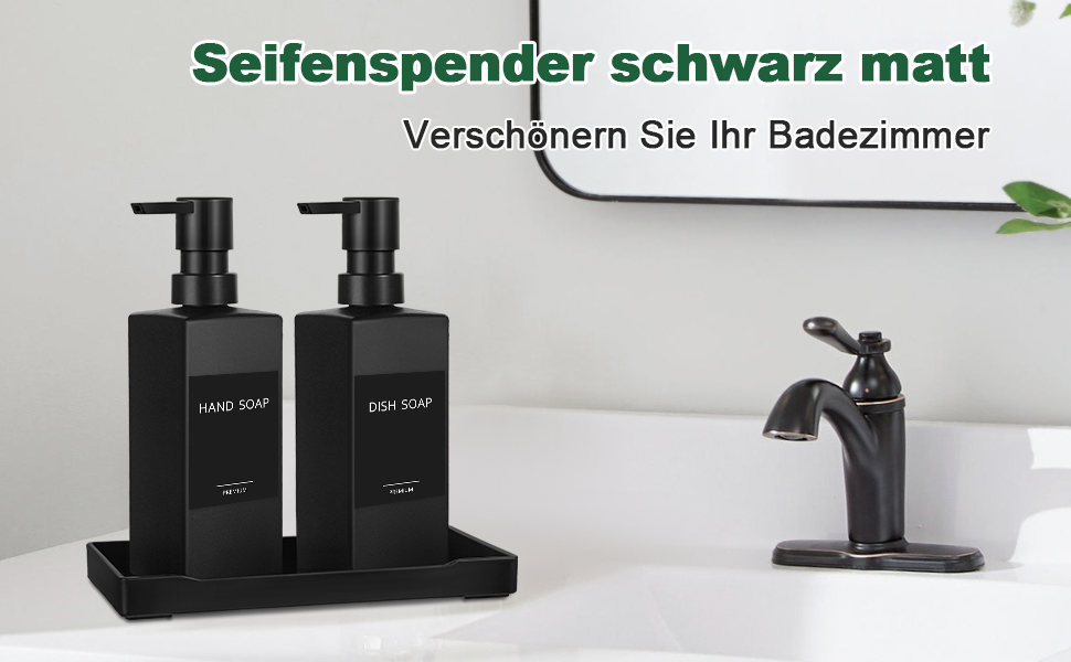 Диспенсер для мила GMISUN чорний скляний 350 мл для кухні та ванної кімнати з піддоном та водонепроникними етикетками