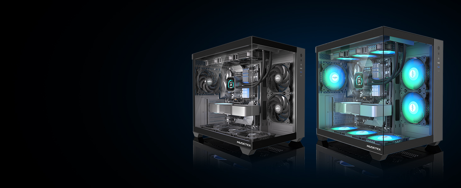 Корпус для ПК ATX MUSETEX Y6, чорний, з 3 вентиляторами, скляна панель, Type-C, Mid Tower