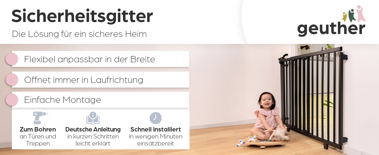 Захист для сходів Geuther Oris | Дверний захист для сходів з кріпленням, 2 клямки для поручнів, ширина, стабільне дерев'яне дитяче ворота, натуральний лак (чорний, 95-135 см)