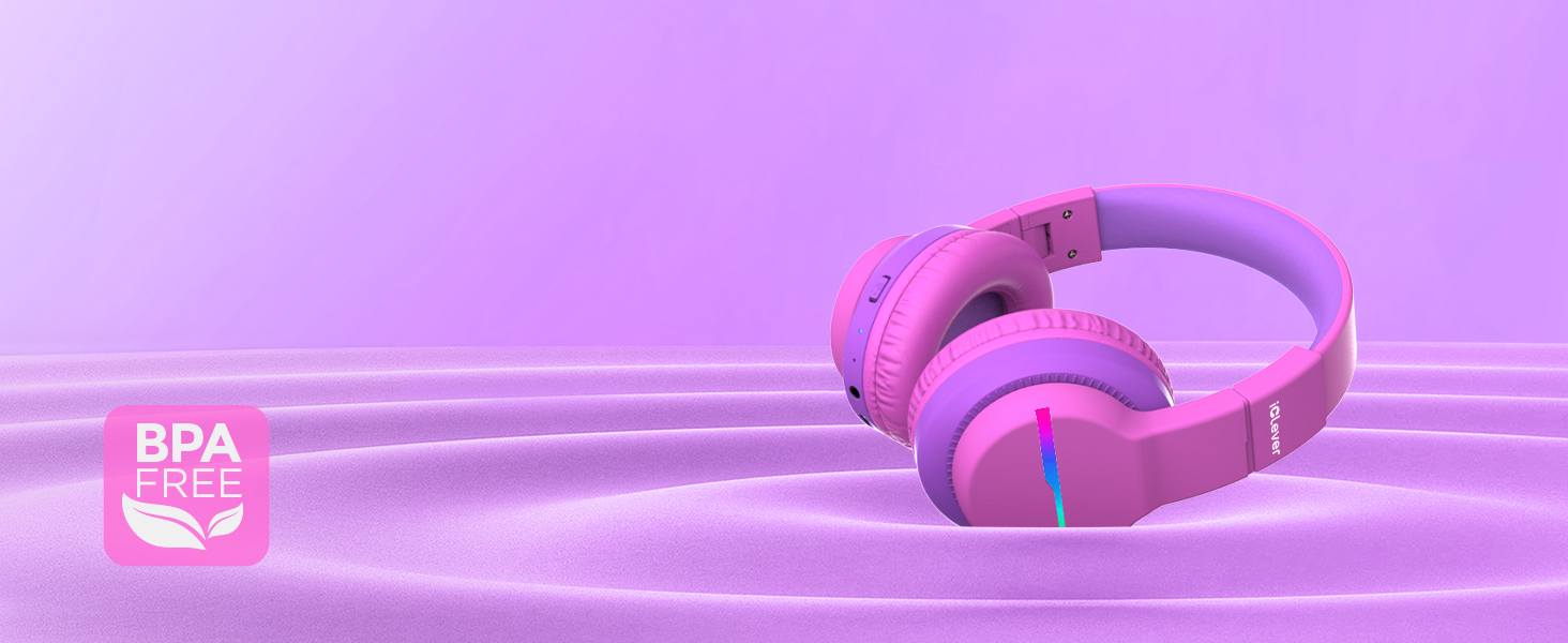 iClever Бездротові навушники для дітей з LED-підсвіткою, Over-Ear, Bluetooth 5.2, мікрофон, BTH12 Рожевий/Фіолетовий