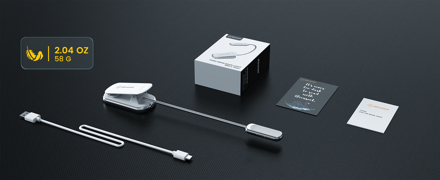 Glocusent Posh Premium Лампа для читання з кріпленням на книгу та таймером, 16 LED, акумулятор, час роботи 160 годин, 1800K, м'яке світло, 3 кольори та 5 рівнів яскравості, ідеально для читачів