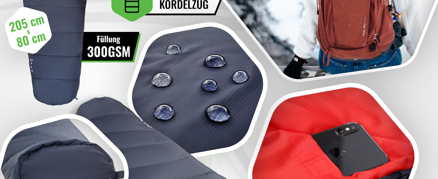 Сплячий мішок MOUNTREX® - компактний та ультралегкий (760г/1500г) - Outdoor (100GSM) / 3-4 сезони (300GSM) - Мумієвидний спальний мішок – кемпінг, подорожі, фестивалі – теплий та з'єднуваний (Темно-синій/Червоний),