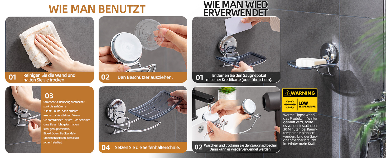 Тримач для мила LEVERLOC з піддоном, місткість до 3 кг, настінний, без свердління, з присосками, для ванної кімнати та кухні, білий (1 ступінь хромована сталь)