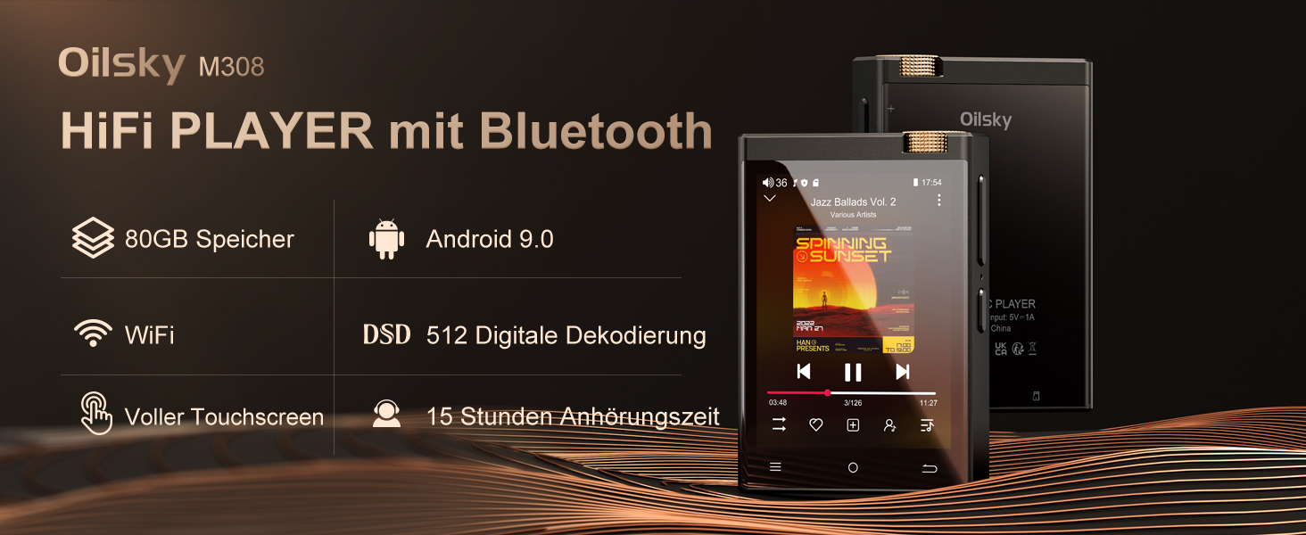 Портативний аудіоплеєр Oilsky з Bluetooth та WiFi, 80GB, Android 9.0, 2.8