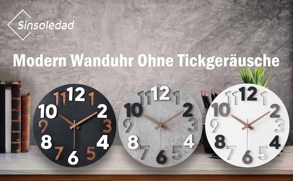 Sinsoledad 30cm Large Wall Clock No Ticking Sound Modern Wood 3D Wall Clocks for Living Room Bedroom Kitchen (Gray)