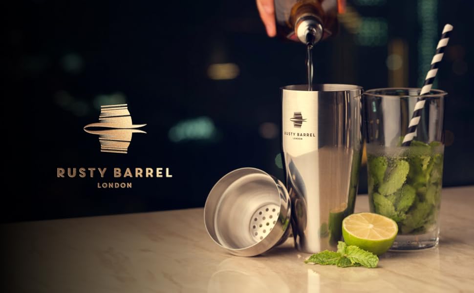 Набір для приготування коктейлів Chelsea – Рожеве золото. Повний набір: шейкер, прес, сито, мірний стакан, виливач, ложка, сумка та рецепти. У подарунковій коробці (Чорний)