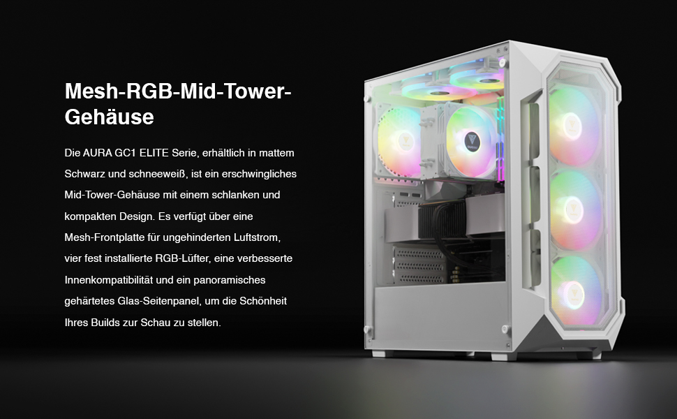Корпус для ПК Gamdias Aura GC1 Elite WH ARGB: Midi-Tower з 4 ARGB-вентиляторами, сітчаста передня панель, скло, підтримка синхронізації материнської плати, чорний