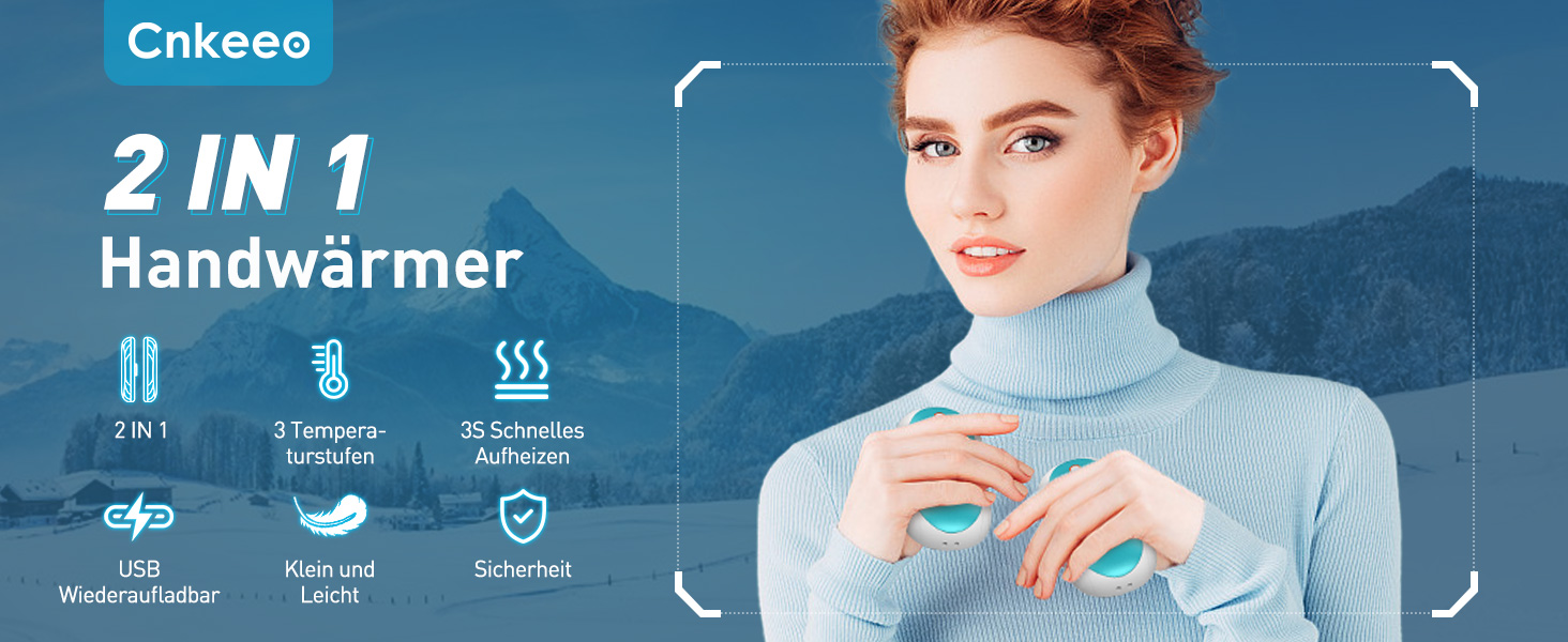 Електричні грілки для рук Cnkeeo, 2 шт. з роздільним магнітним з'єднанням, Powerbank USB, 3 режими нагріву, для активного відпочинку, риболовлі, полювання, чорно-білі (блакитні)
