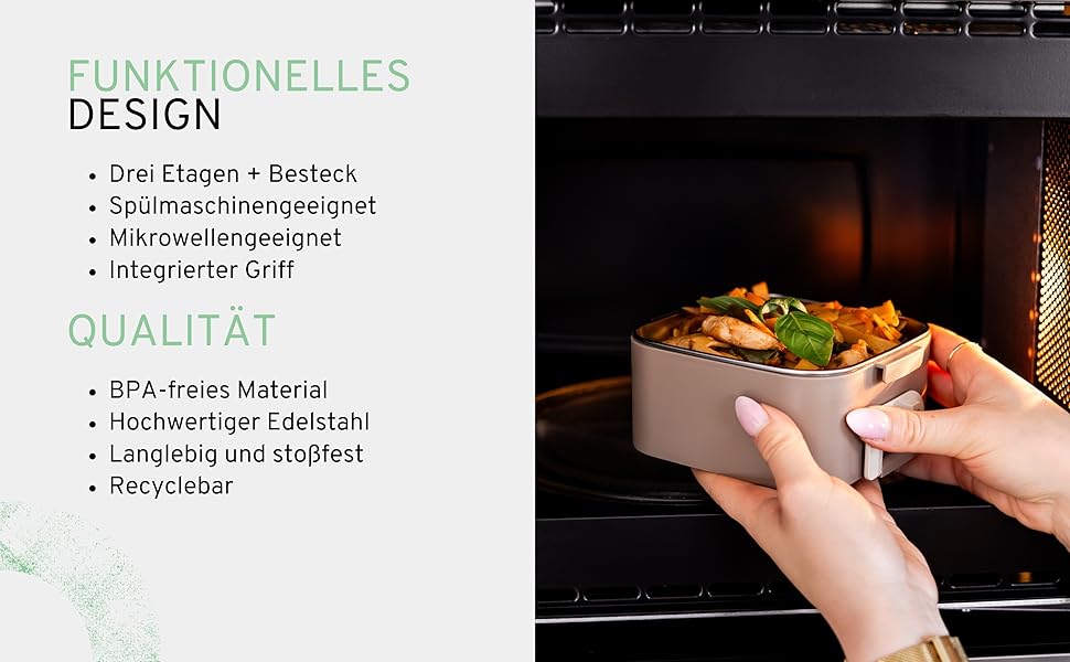Бенто-бокс 'Remy' 2100мл, 3 секції з відділеннями та столовим прибором, преміум-якість, нержавіюча сталь, BPA-free, велика ланчбокс для дорослих, для Meal Prep, миється в посудомийній машині та підходить для мікрохвильової печі